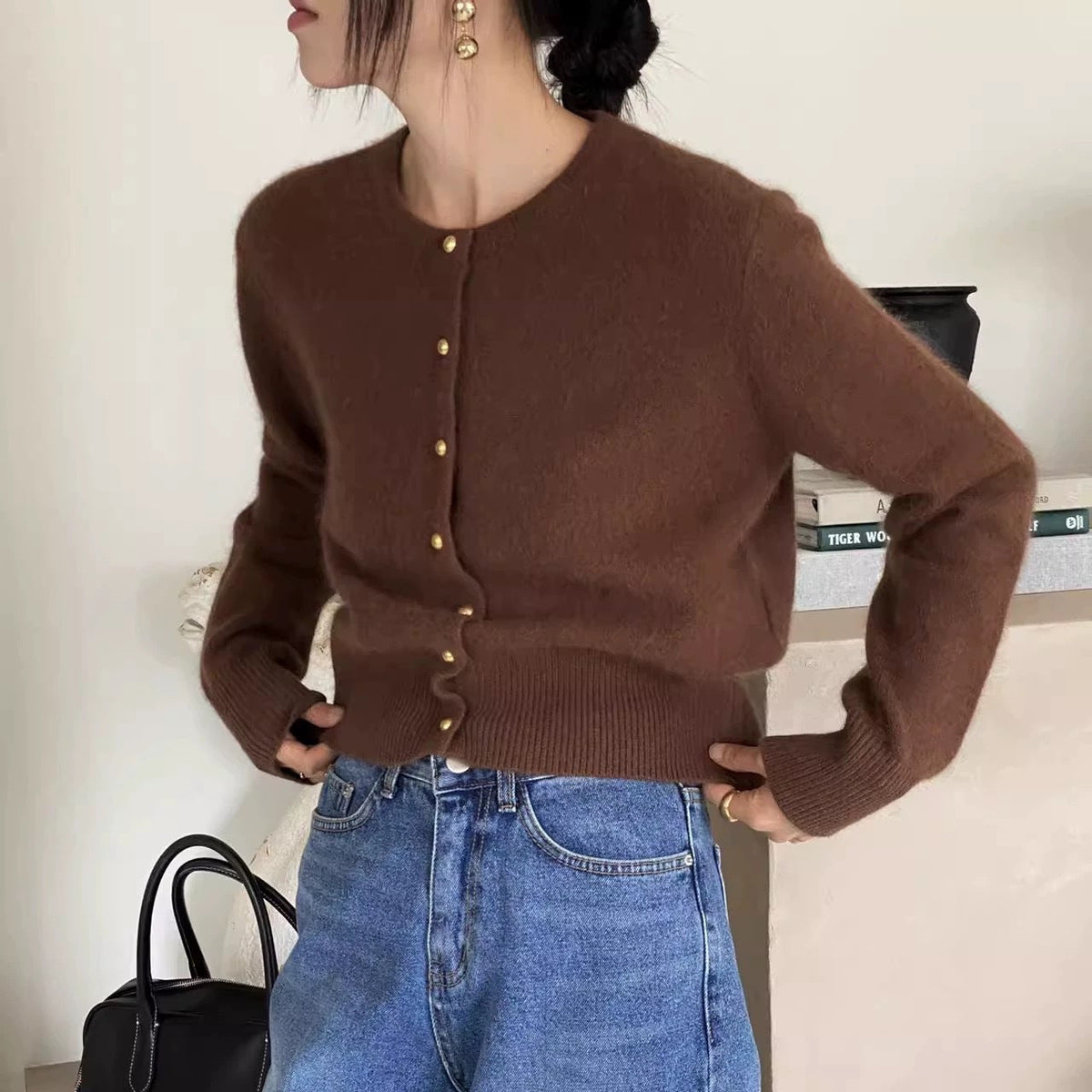 Round-neck Gold-button Wool Knit Cardigan Sweater