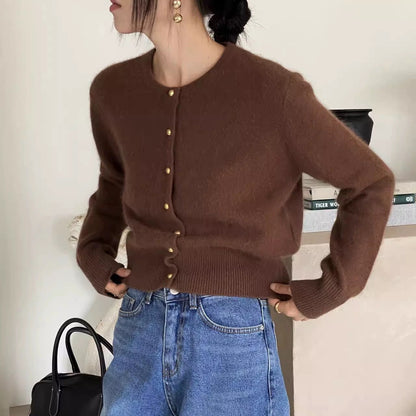 Round-neck Gold-button Wool Knit Cardigan Sweater