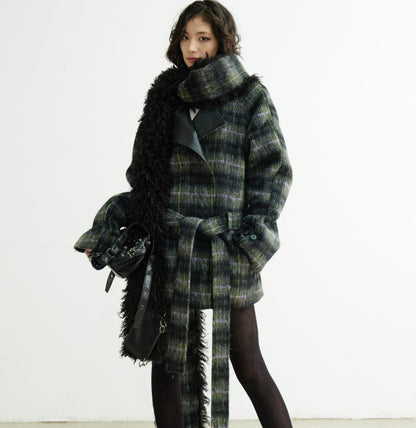 Extra-long Fluffy Scarf-style Plaid Mixed-color Wool Coat