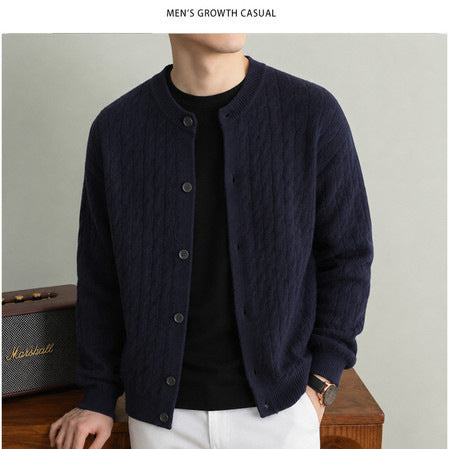 Men's Round-Neck Cable-Knit Cardigan Solid-Color Single-Breasted Sweater Coat