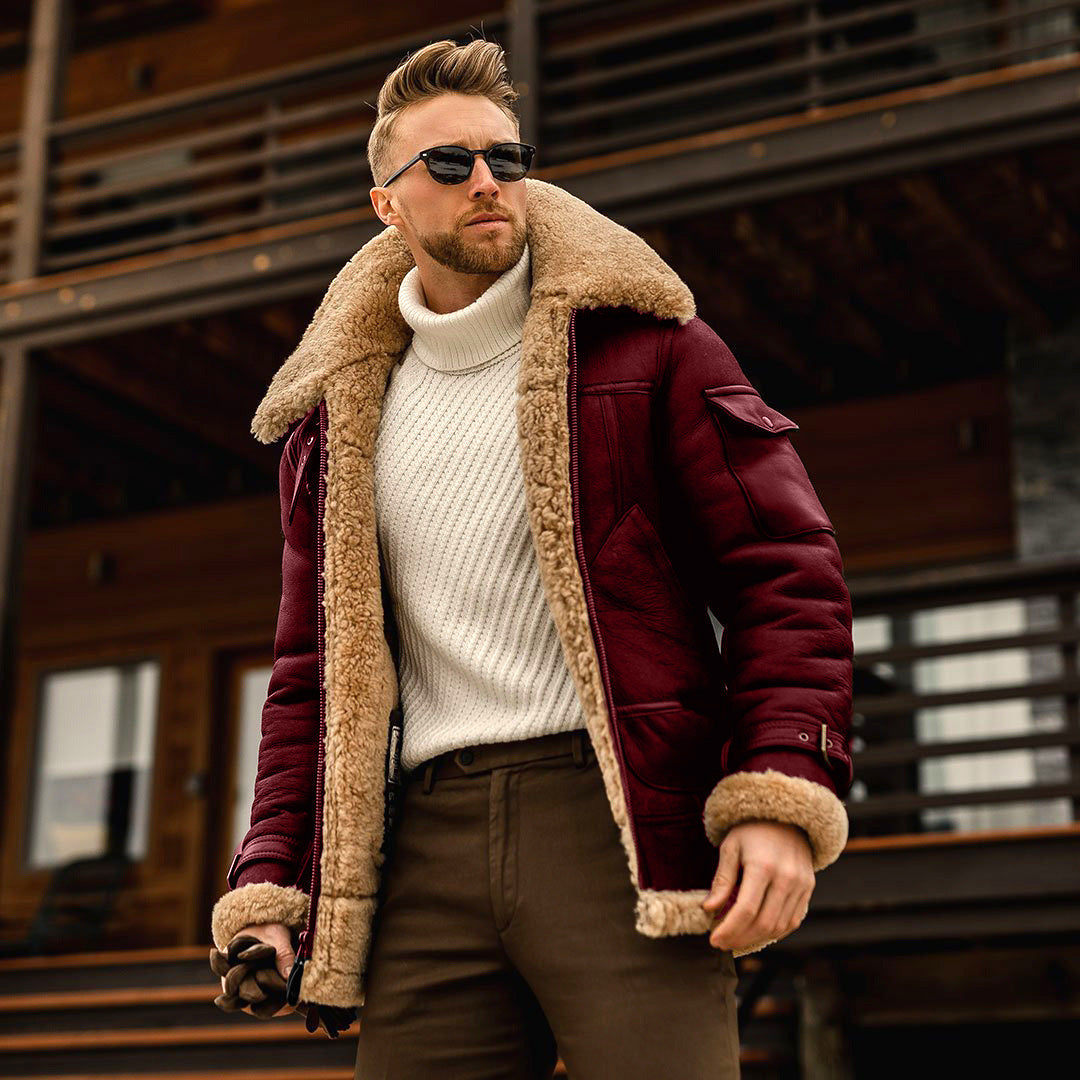 Men's Faux Fur-lined Thick Imitation Leather Jacket