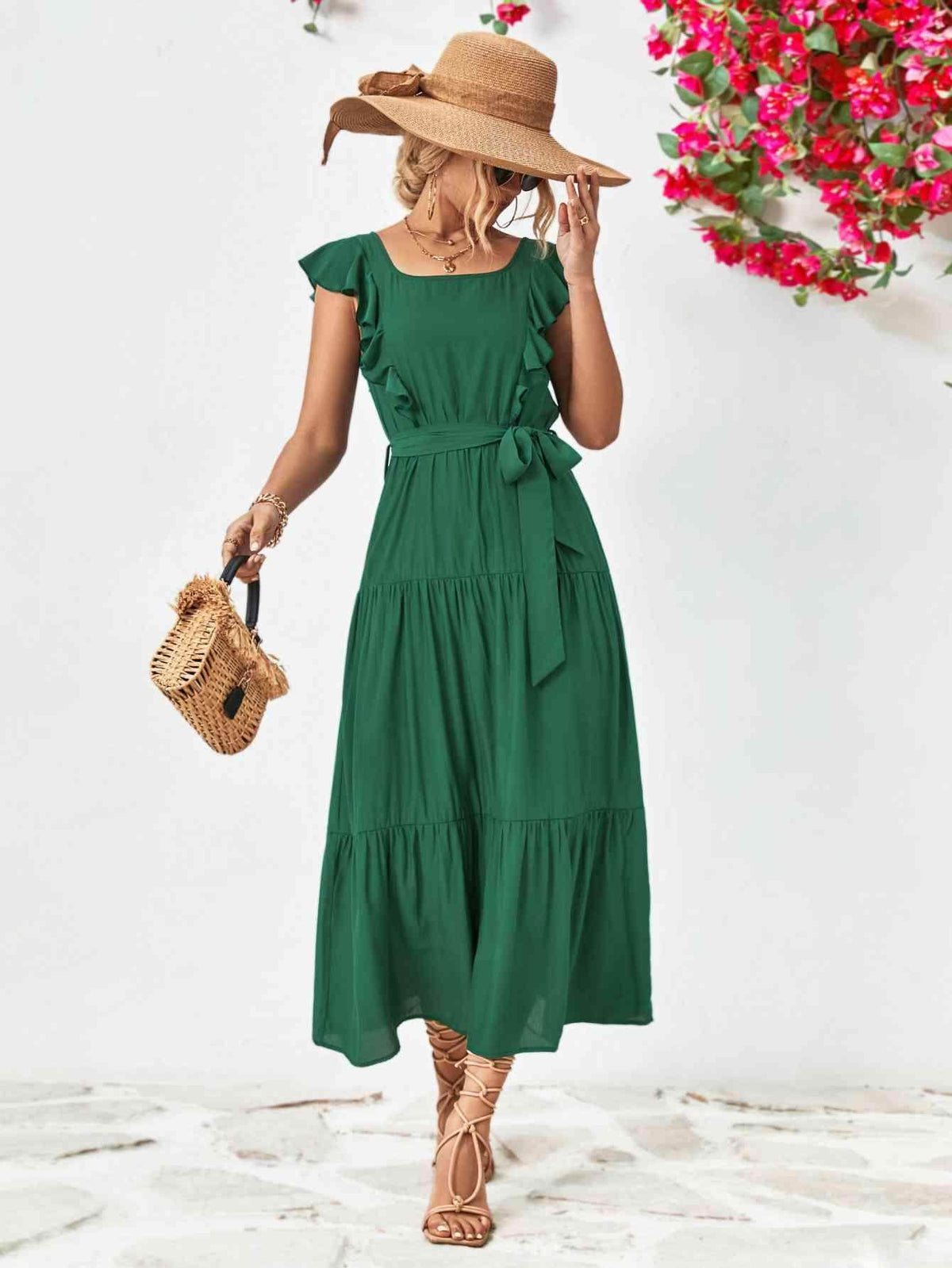 Tie Belt Ruffled Tiered Dress for Chic Midi Style