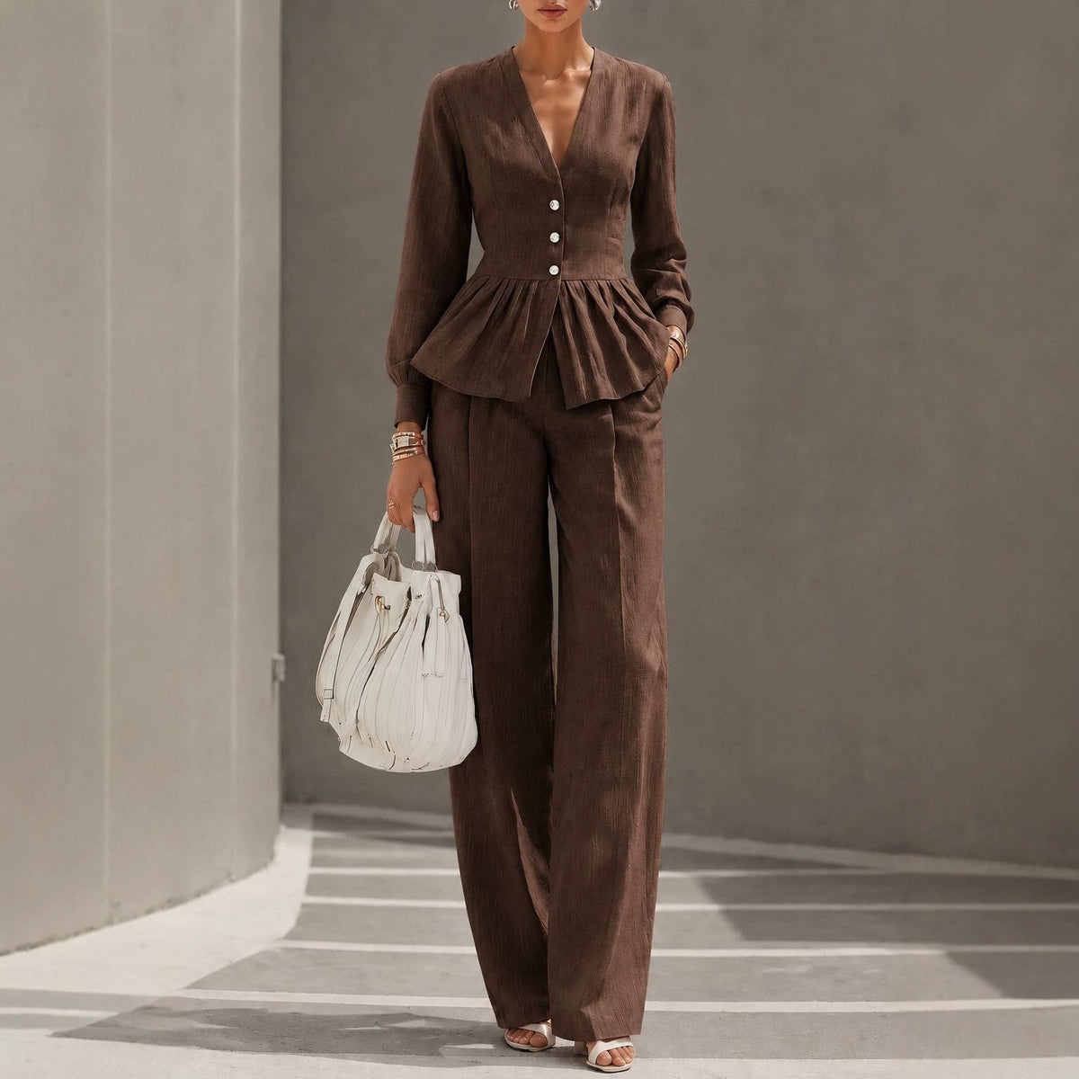 Long-sleeve V-neck Top And Wide-leg Pants Two-piece Set