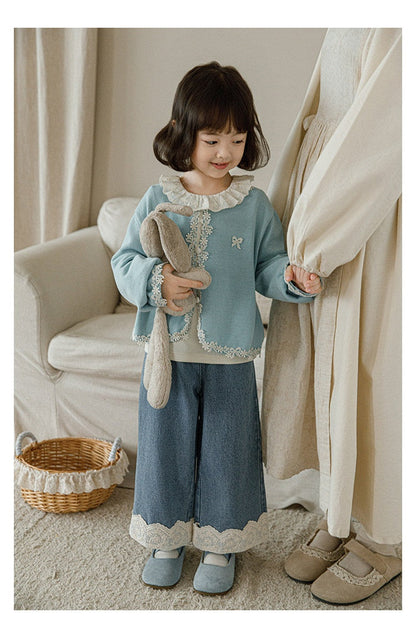 Lace-trimmed Denim Cotton Light-blue Wide-leg Pants