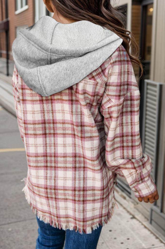 Plaid Raw Hem Drawstring Hooded Jacket for Women