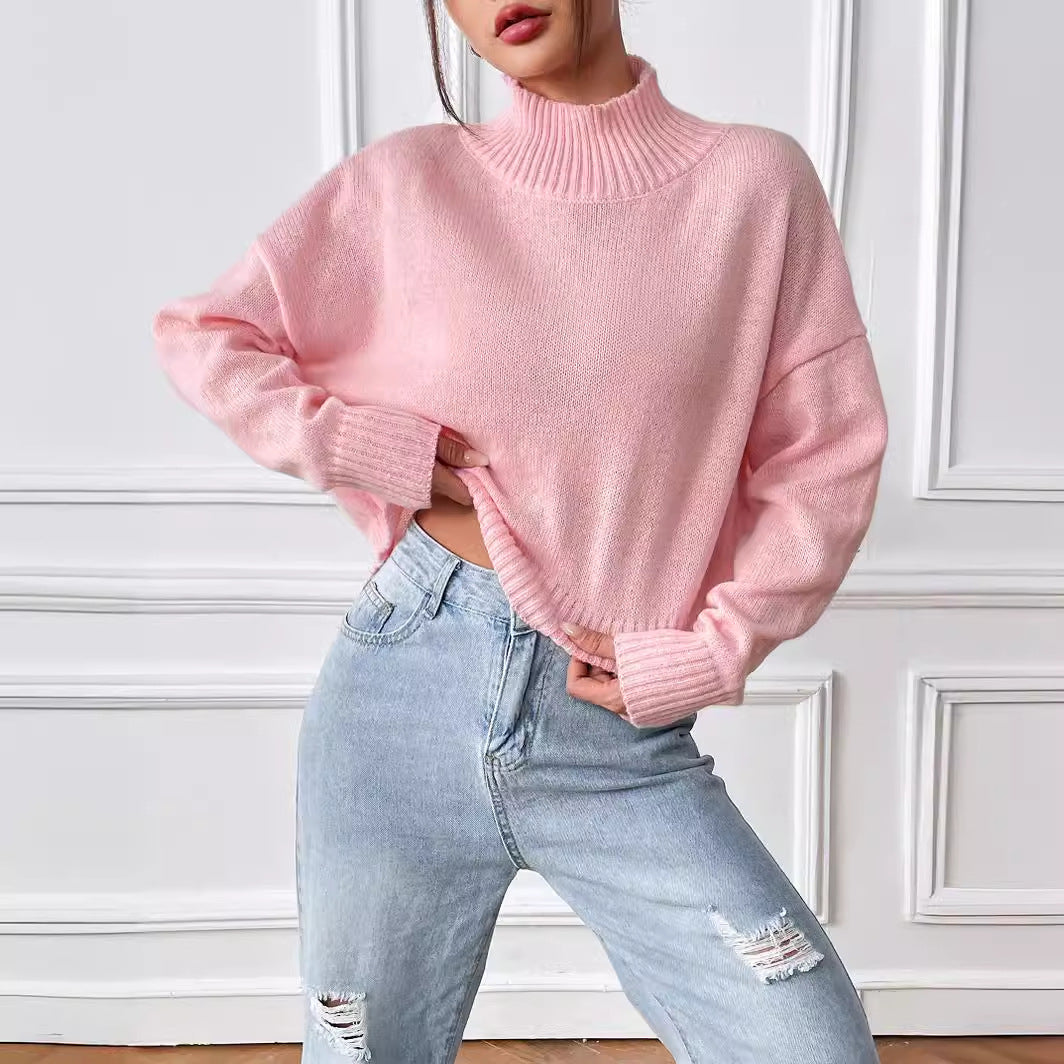 Women's Solid-color Loose-fitting High-neck Pullover Sweater