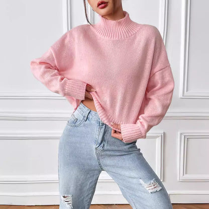 Women's Solid-color Loose-fitting High-neck Pullover Sweater