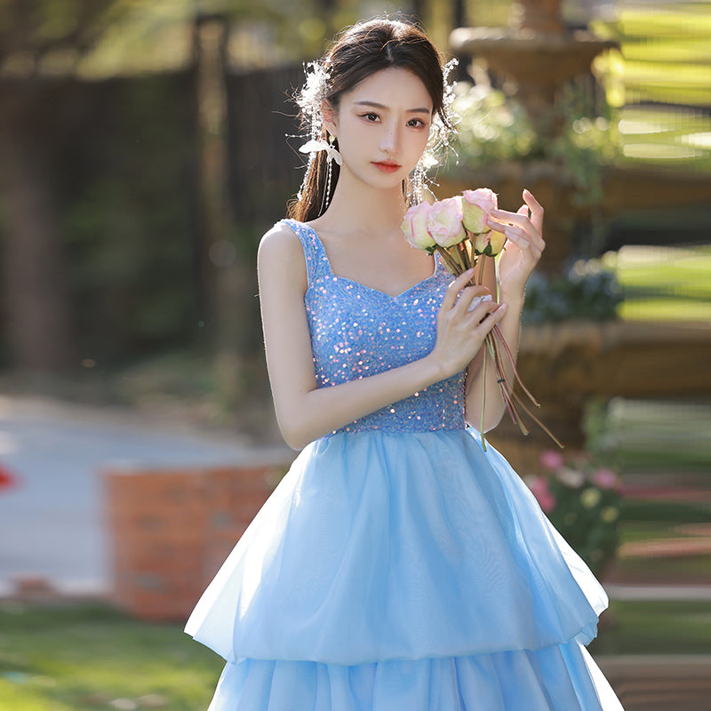 Women's Blue Halter Wedding Gown Birthday Host