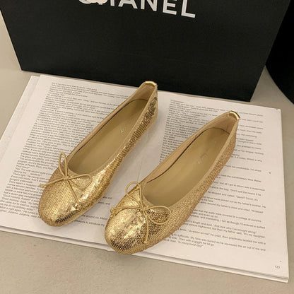Shiny Gold Sequin Ballerina Flats, Casual Comfortable Flat Shoes For Women