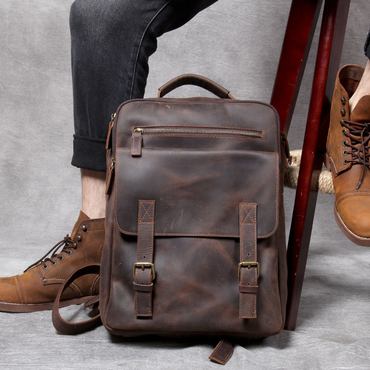 Retro Crazy Horse Leather Handmade First Layer Cowhide Backpack Schoolbags Travel Bag