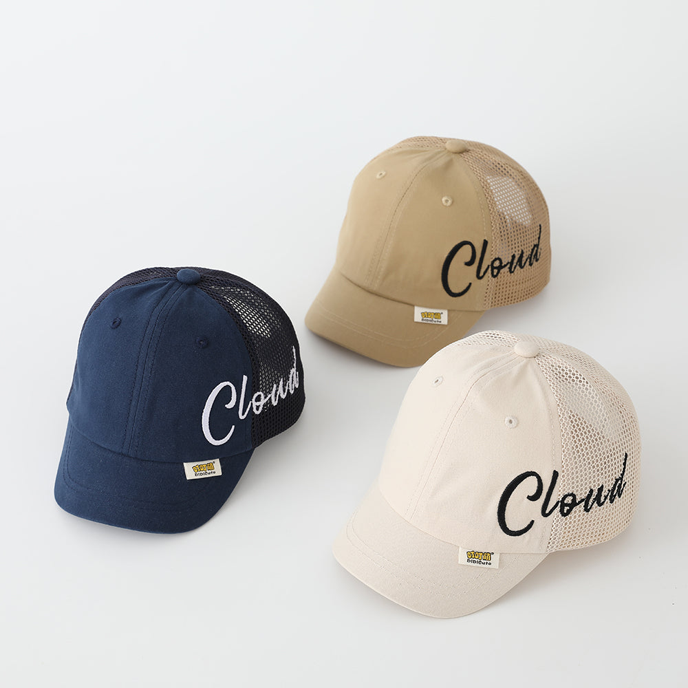 Summer Boys And Girls' Side-letter Cloud Embroidered Duckbill Hat With Net Fabric Patching And Soft Brimmed Protective Head Design Baby Hat