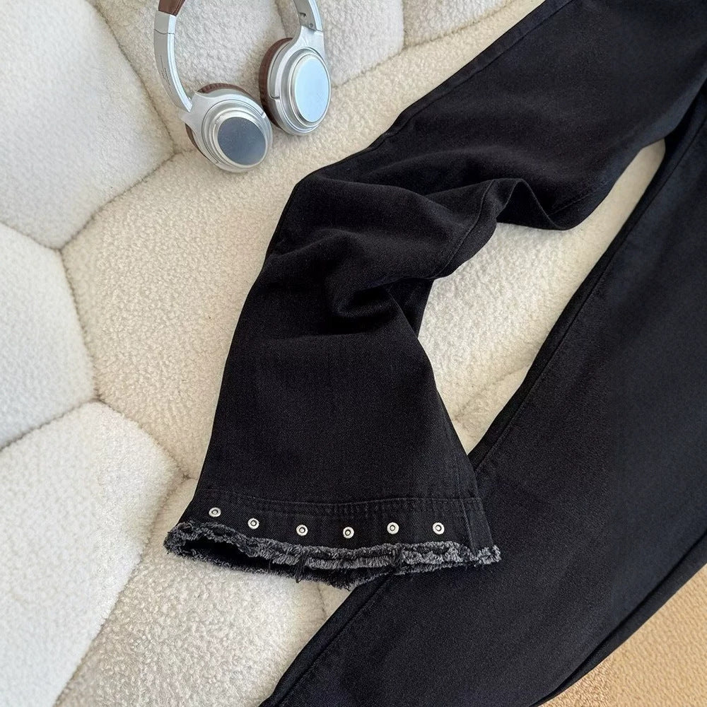 Mens Black Raw-Edged Rivet Jeans