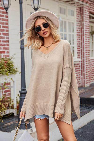 Slit V-Neck Dropped Shoulder Sweater for Effortless Style