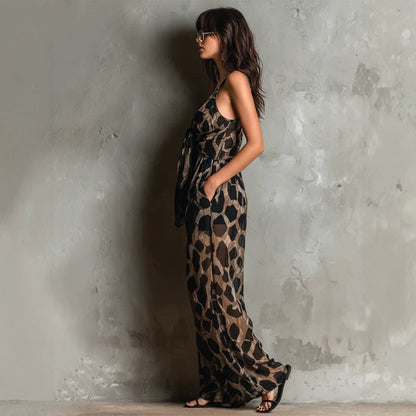 Retro Leopard Print Deep V-neck Tie-detail Strap Jumpsuit
