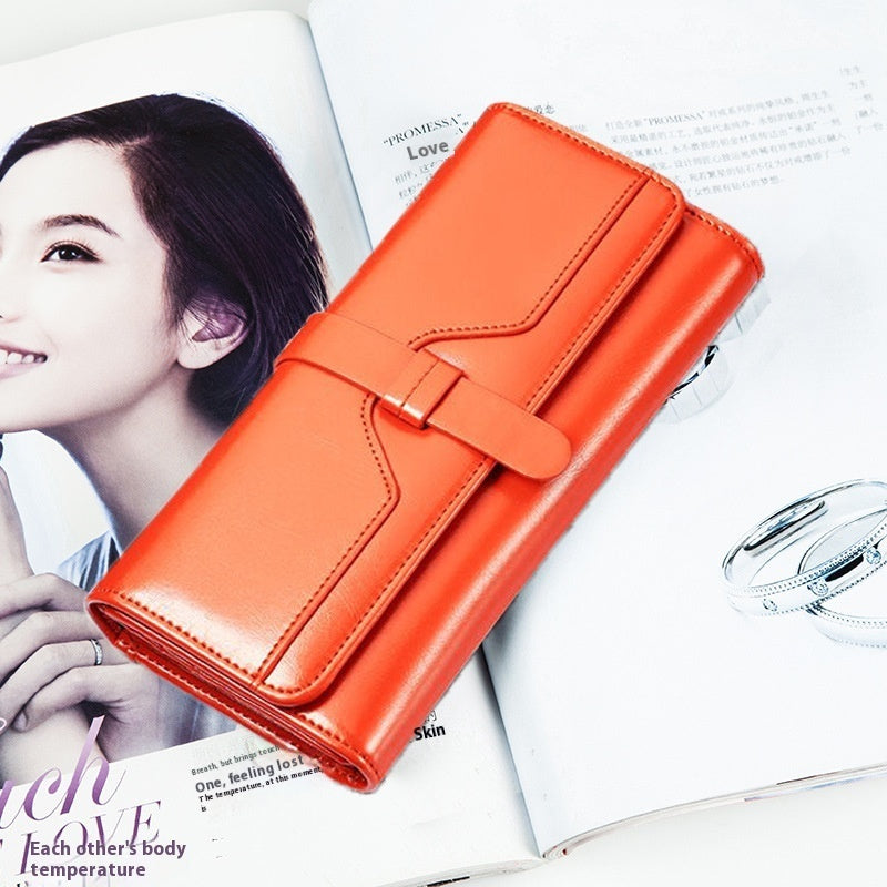 Pure Leather Tri Fold Women's Wallet Long Buckle Genuine Leather