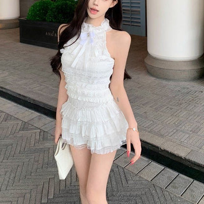 Bow-tie Off-shoulder Sleeveless Lace-panel Skirt Two-piece Set
