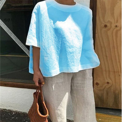 Solid Color Loose Round-neck Women's Shirt, European Style, Casual Style, Short Sleeve, Solid Color