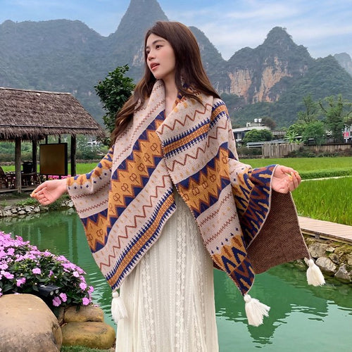 Ethnic-style Knitted Tassel Shawl