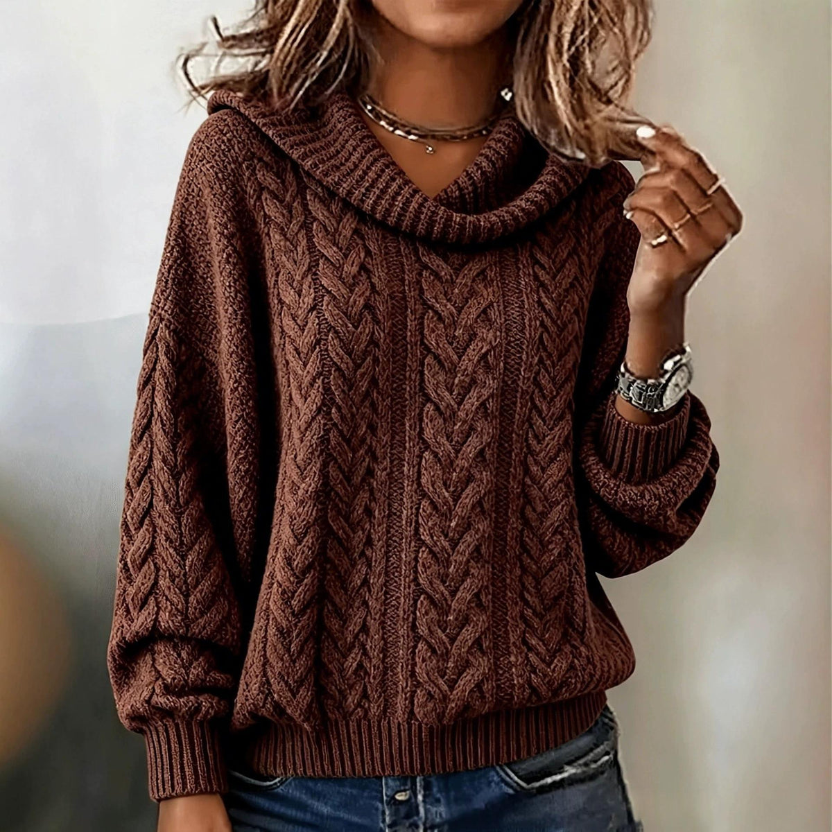 Women's Retro Loose Turtleneck Cable-Knit Sweater