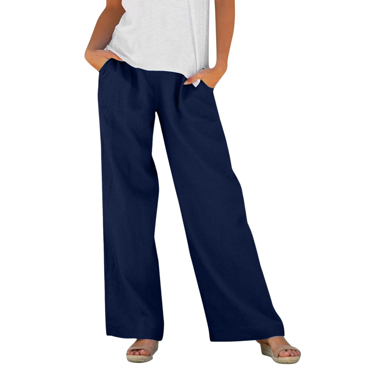 Solid-color Loose-fitting Elastic-waist Wide-leg Casual Pants