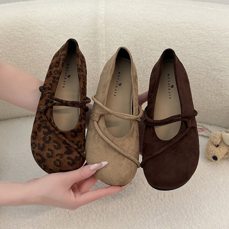 Women Leopard Print Criss Cross Strap Mary Jane Shoes Retro Flat French Ballet Flats