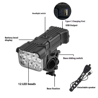 Bicycle Headlight Highlight 12LED With Digital Display Emergency Power Bank