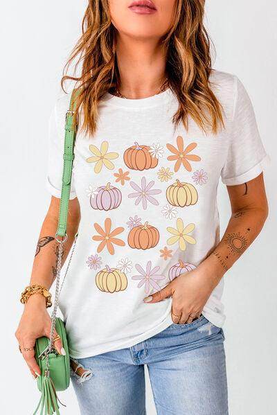 Pumpkin & Flower Round Neck Short Sleeve T-Shirt for Women