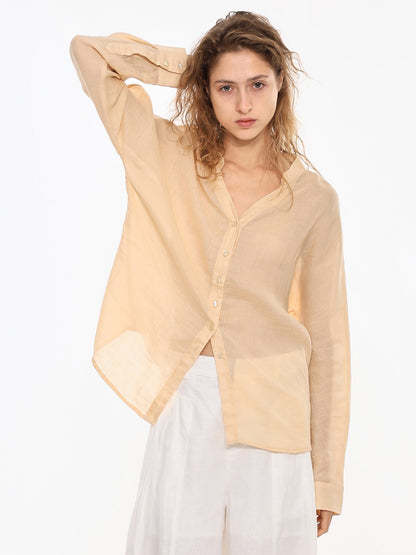 Ramie V-Neck Long Sleeve Blouse