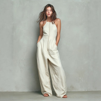 Womens Solid-color Zip-front Backless Wide-leg Relaxed-fit Jumpsuit