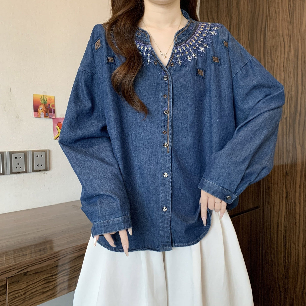 Retro Ethnic-Style Embroidered Denim Shirt For Women