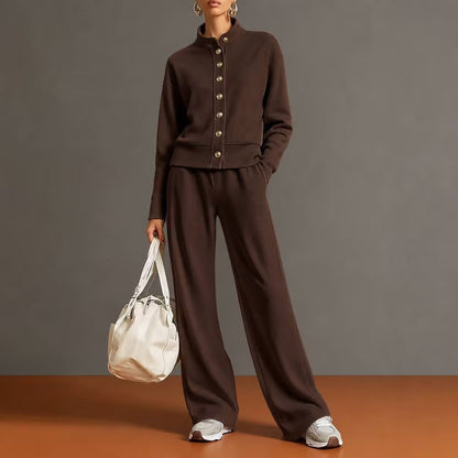 Stand-collar Cardigan And Wide-leg Pants Set