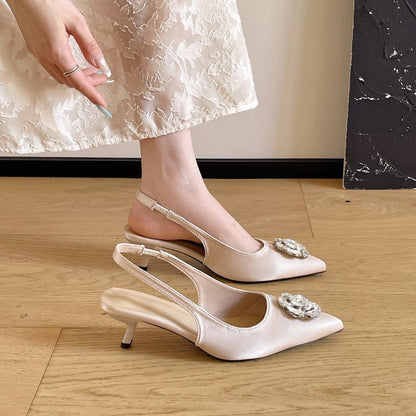 2026 Summer Women  Rhinestone Camellia Pointed Toe High Heel Sandals, Elegant Slim Fit Stiletto Closed Toe Pumps