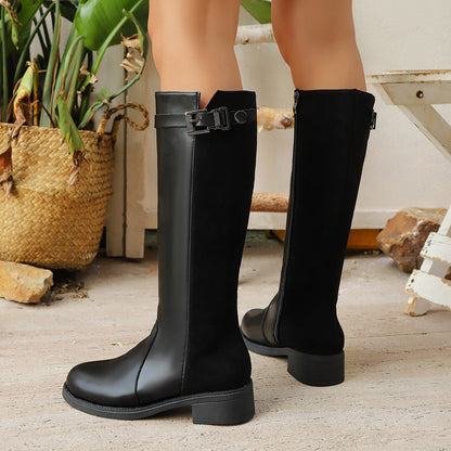 Plus-size Side-zip Suede Belt-buckle Low-heeled Boots For Women