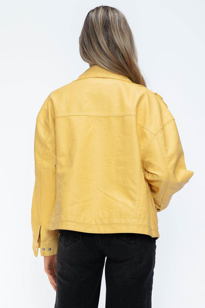 How Dare U Drawstring Hem PU Leather Zip Up Jacket for Women