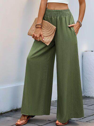 Perfee Smocked Wide Leg Pants for Women with Pockets
