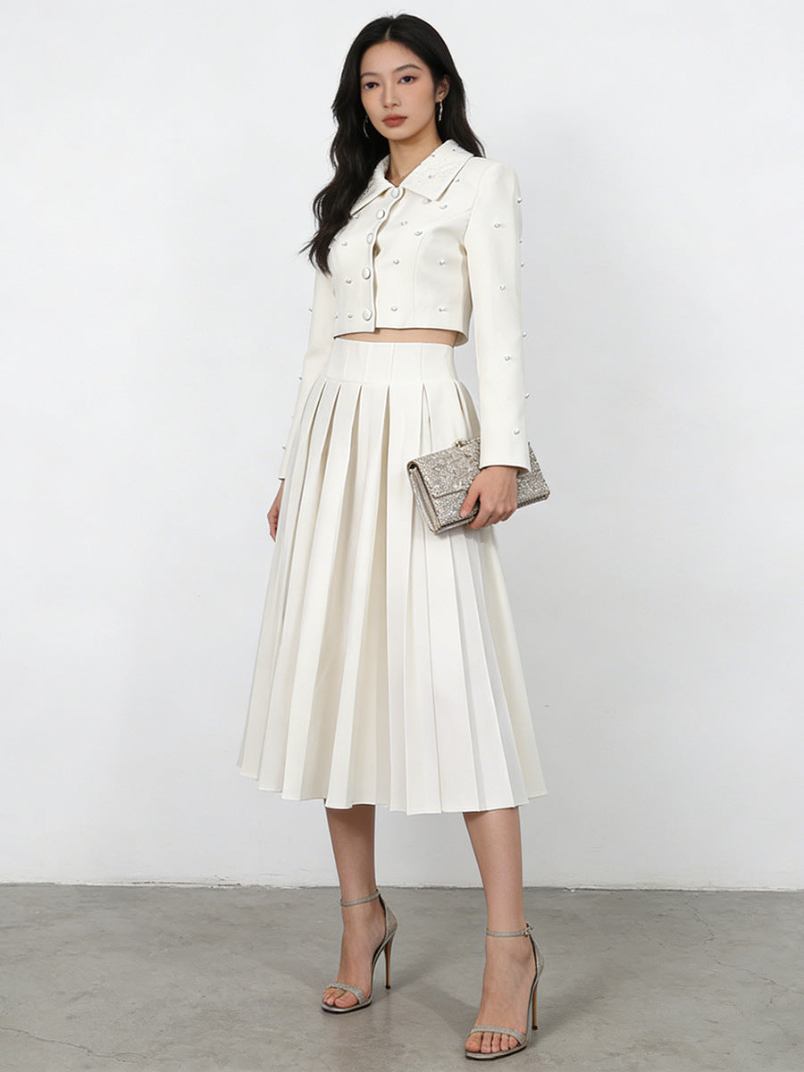 Pearl Embellished Cropped Jacket & Pleated Midi Skirt Two-Piece Set