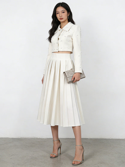 Pearl Embellished Cropped Jacket & Pleated Midi Skirt Two-Piece Set