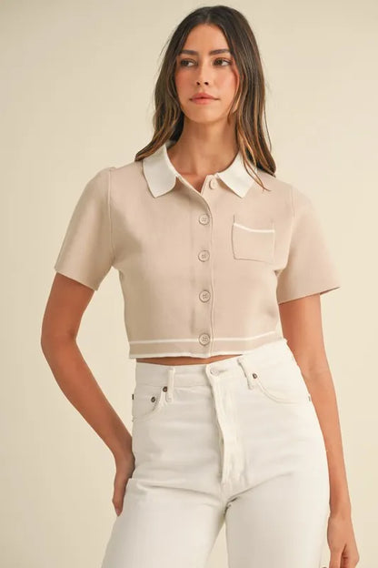 MABLE Button Down Contrast Collared Knit Cardigan