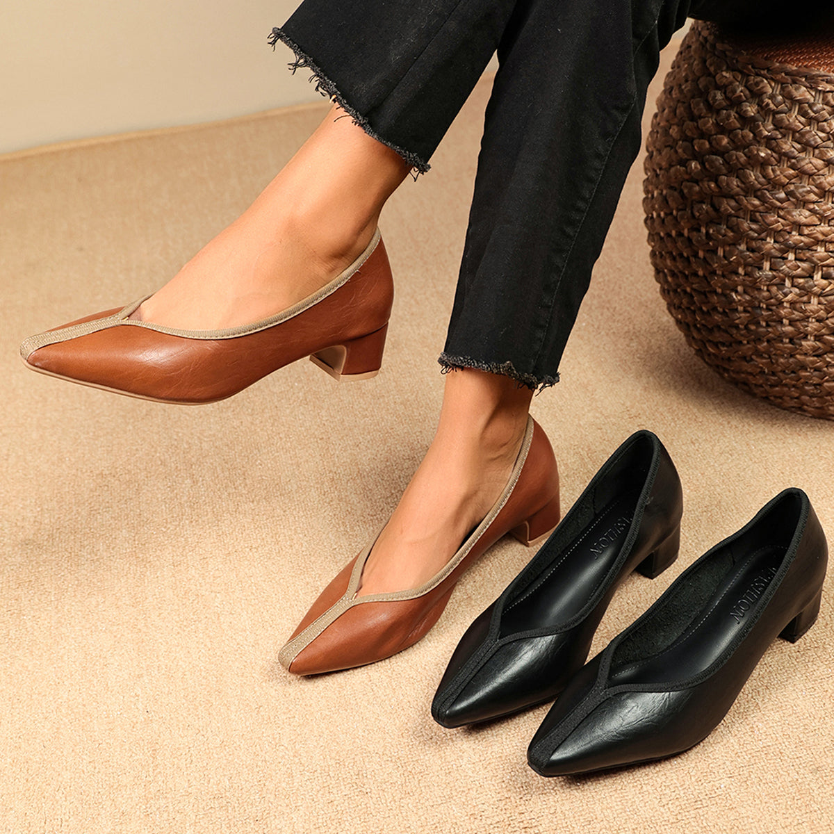 Vintage Style 2026 Spring Autumn Casual Retro Block Heel Pointed Toe Women Pumps Full Leather Low Cut Office Mid Heel Shoes