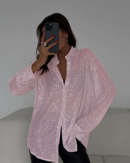 Spring Summer New European And American Sequin Top With Turn-down Collar, Long Sleeve Cardigan, Basic Cross-border Women's Shirt Jacket