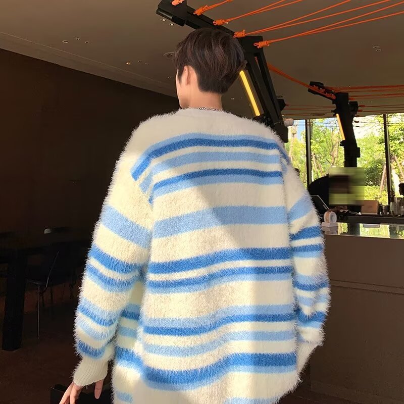 Autumn And Winter Striped Cardigan Sweater Coat For Men