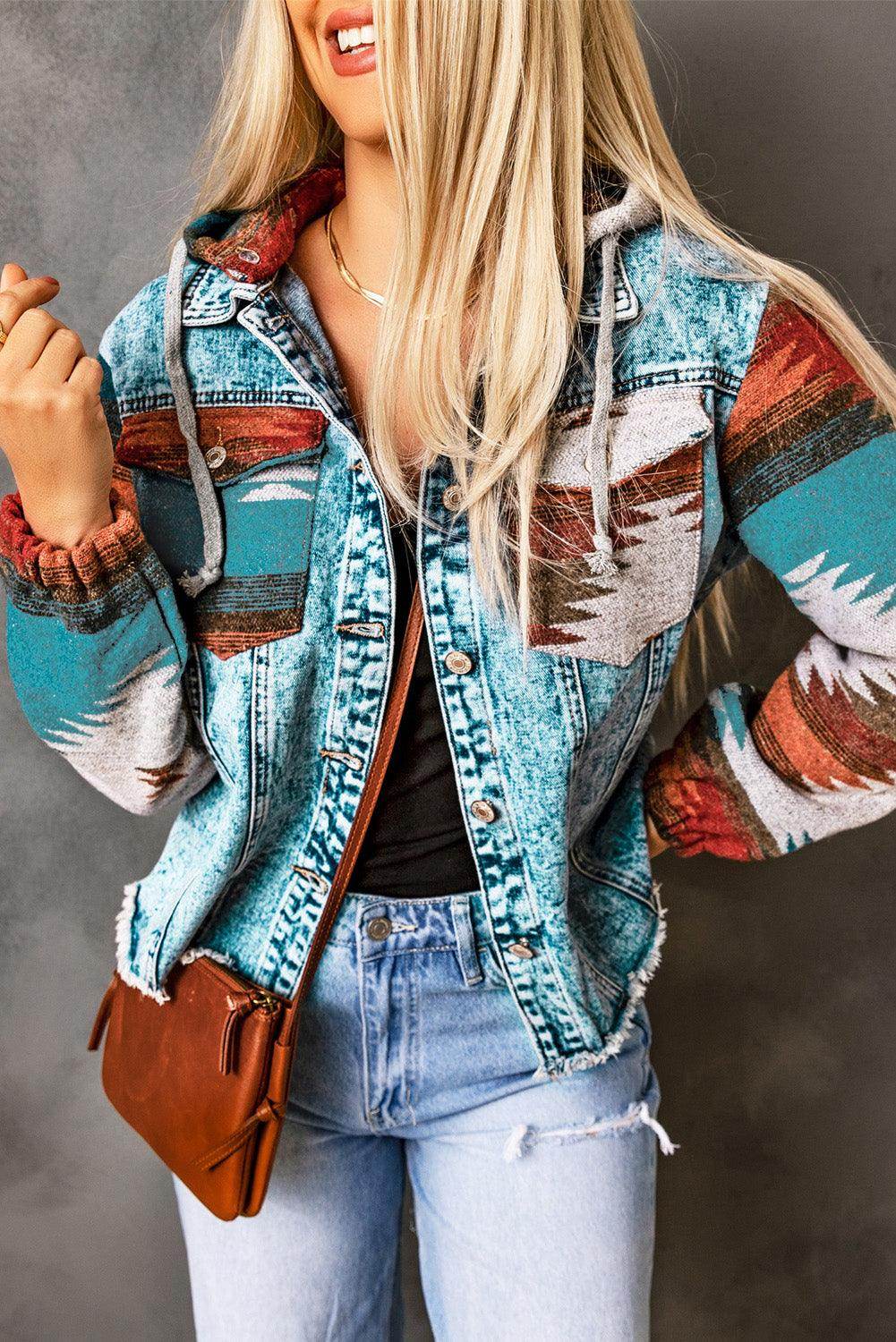 Drawstring Hooded Pocketed Denim Jacket for Women