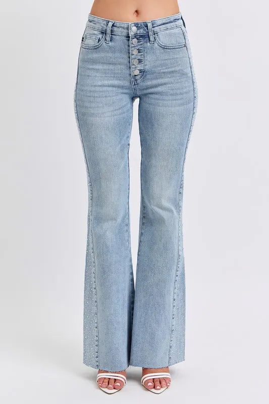 Judy Blue Full Size Mid Rise Rhinestone Side Panel Detail Flare Jeans Plus Size