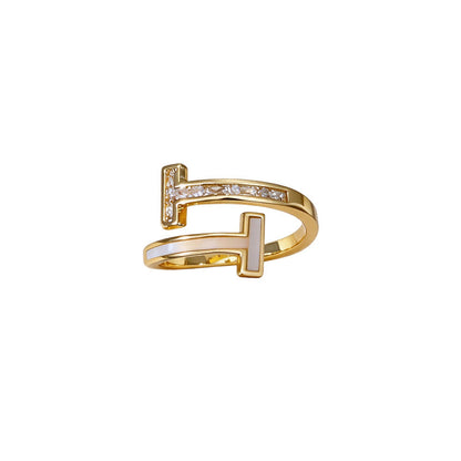14k Real Gold Plated Zircon And Mother-of-pearl Double-layer Open Ring, Simple And Stylish Index Finger Ring, Light Luxury With A High-end Feel