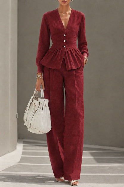 Long-sleeve V-neck Top And Wide-leg Pants Two-piece Set