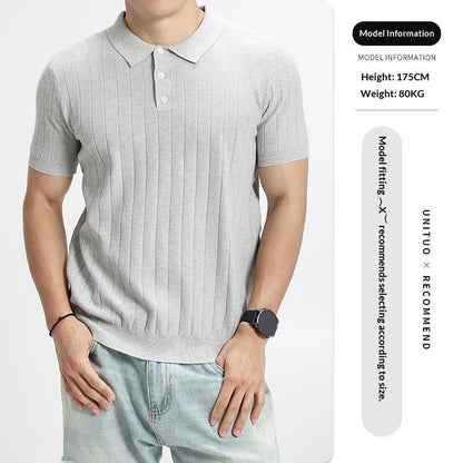 Mens Light-Luxury Rib-Knit Polo Shirt