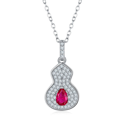 S925 Silver 2.5g 0.5ct Lab-Created Ruby Necklace, 4mm Gourd Pendant, 40&5cm