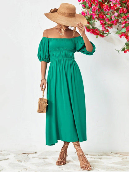 Off-Shoulder Balloon Sleeve Midi Dress for Chic Style