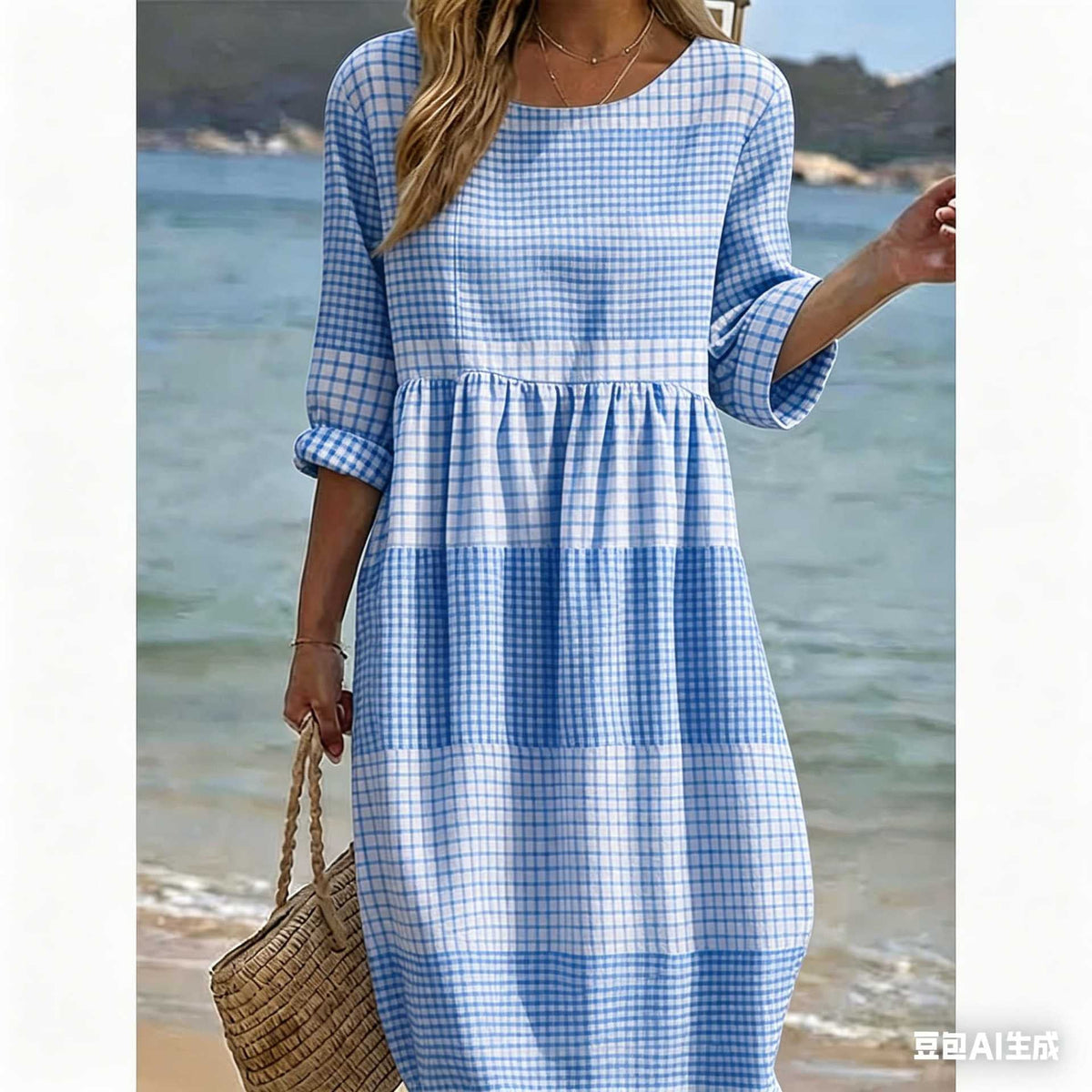 Womens Casual Patchwork Cotton-Linen Dress