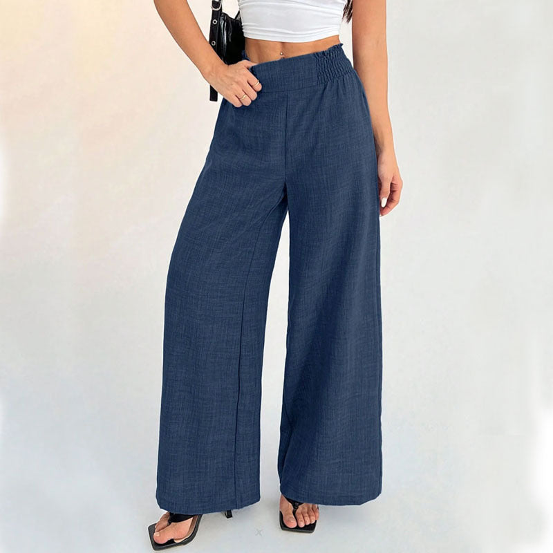Women's Solid Color Smocked Elastic Wide Leg Pants, Casual Fashion Loose Long Trousers